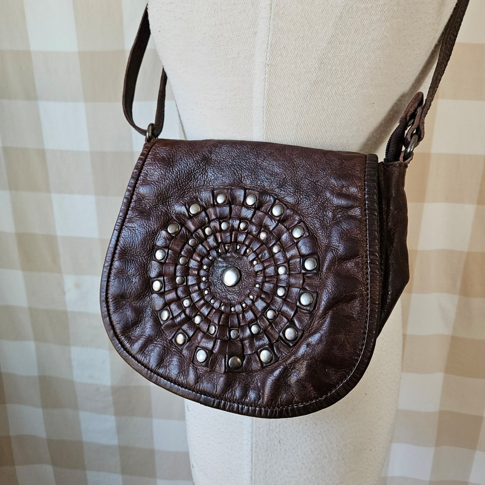 VALENCA HOLLAND Anthropologie Brown‎ Leather Studded Boho Shoulder Crossbody Bag